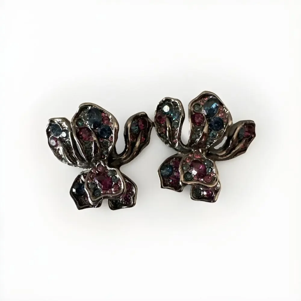 Large Signed Kenneth Jane Lane Blue & Purple Iris Flower Clip Earrings Vintage - Picture 2 of 14